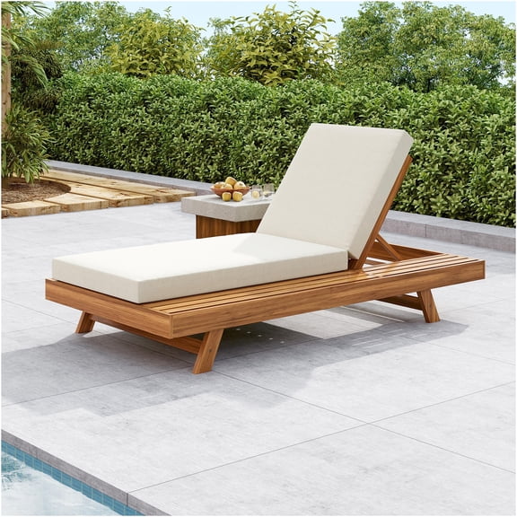 JERFIT Acacia Wood Adjustable Chaise Lounge with 4-Inch Thick Cream Waterproof Cushion for Outdoor Patio Poolside