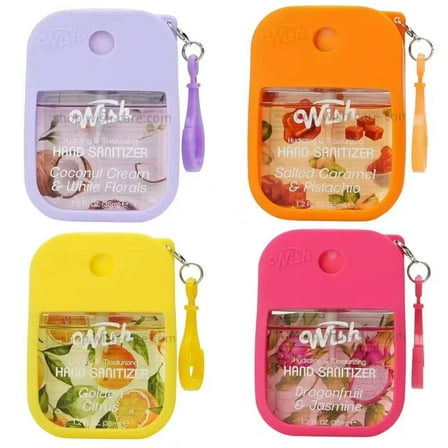 Wish Hand Sanitizer Spary Travel Size Spray 4-Piece 1.2 FL OZ (35ML) Each,Salted Caramel, Coconut Cream, Dragonfruit, Golden Citrux , Hydrating and Moisturizing,(4 pack)