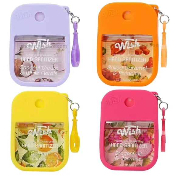 Wish Hand Sanitizer Spary Travel Size Spray 4-Piece 1.2 FL OZ (35ML) Each,Salted Caramel, Coconut Cream, Dragonfruit, Golden Citrux , Hydrating and Moisturizing,(4 pack)