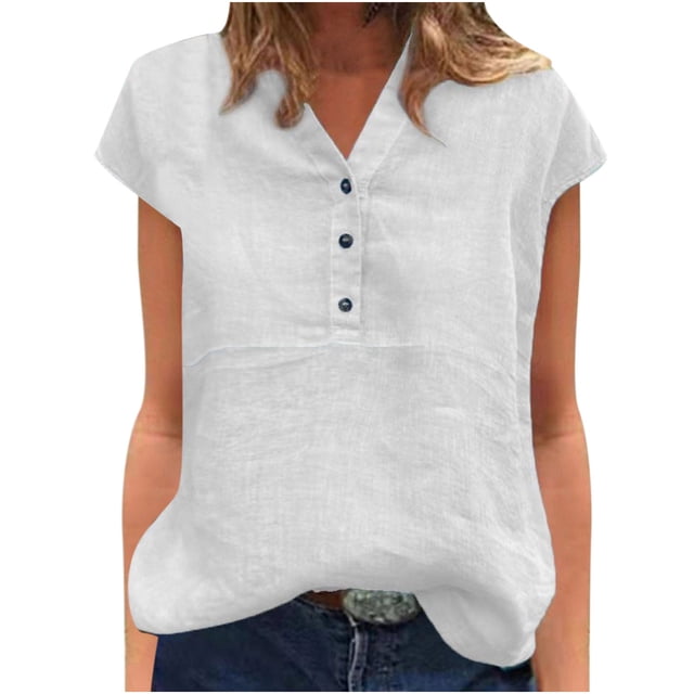Tops transpirables sólidos de manga corta con cuello en V a la moda para mujer Fridja hjk4466