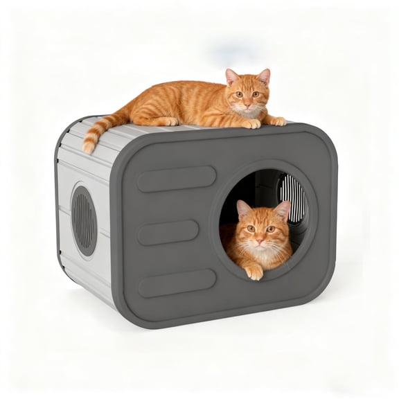 Decksplore Outdoor Cat House Weatherproof (20.8"x14.2"x15.9"), HDPE Feral Cat Shelter for Bedroom, Yard, Patio (Gray)