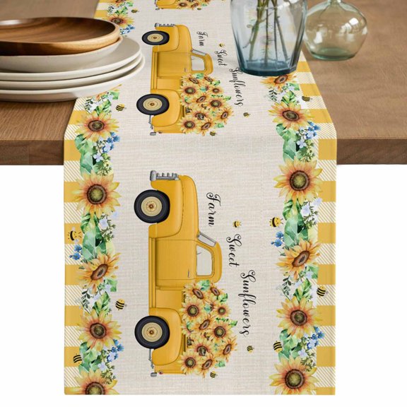 Spring Sunflowers Table Runner 120 Inches, Summer Botanical Yellow Truck Plaid Bed Runner Dresser Scarves Tabletop for Indoor Outdoor Parties/Ceremony/Banquet, 13"x 120"