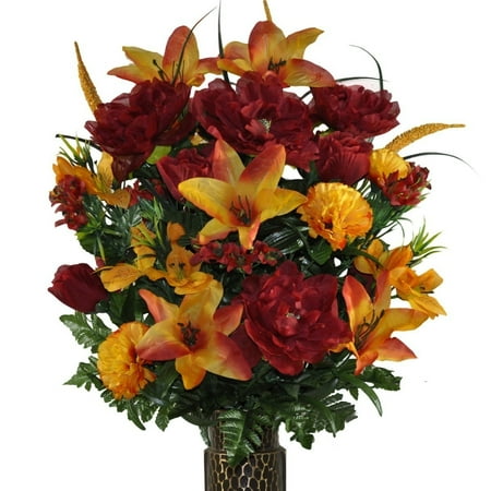 Stargazer Lily Decor Orange Stargazer Lily and Burgundy Rose Mix Artificial Bouquet, featuring the Stay-In-The-Vase Design(c) Flower Holder (LG1306) ()