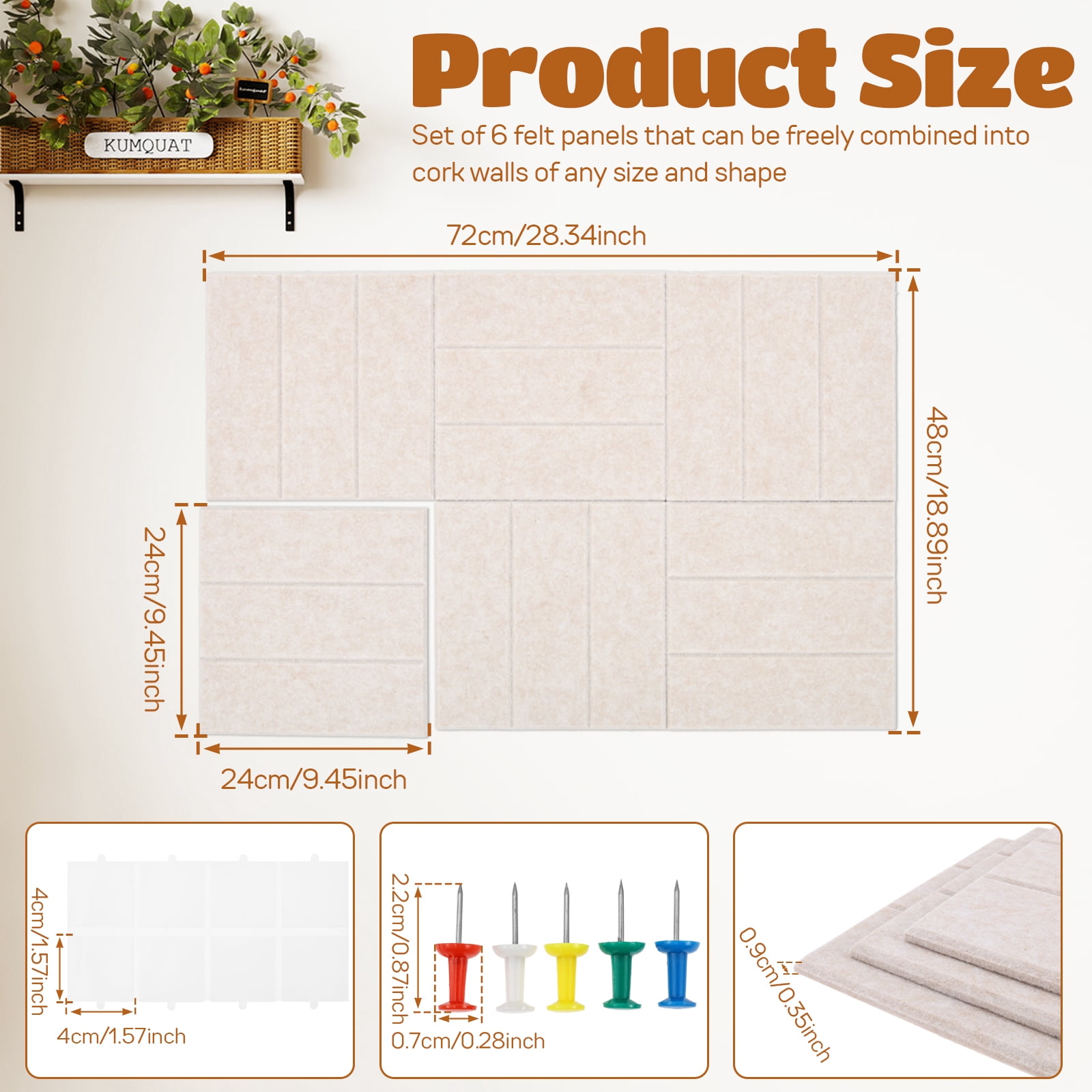 6PCS Felt Bulletin Board Tiles with Adhesive Tabs and Pushpins Felt Wall Tiles Push Pin Board Wall Organizer for Office Home Decoration