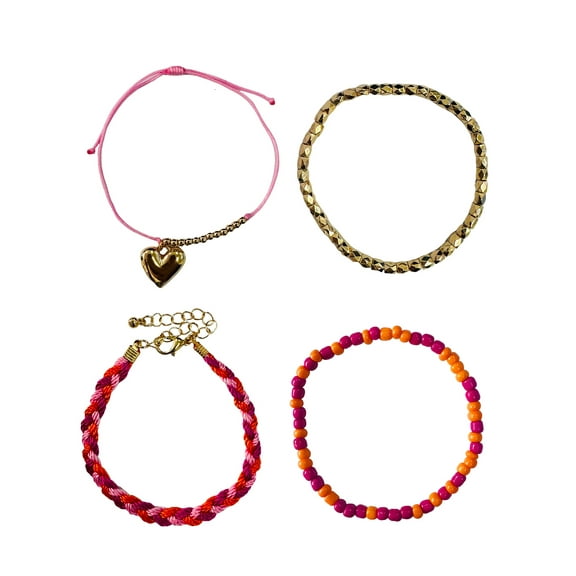 No Boundaries Women's Assorted Gold Plated and Pink Bracelets with Heart and Hammered Circle Charms, 4 Pack