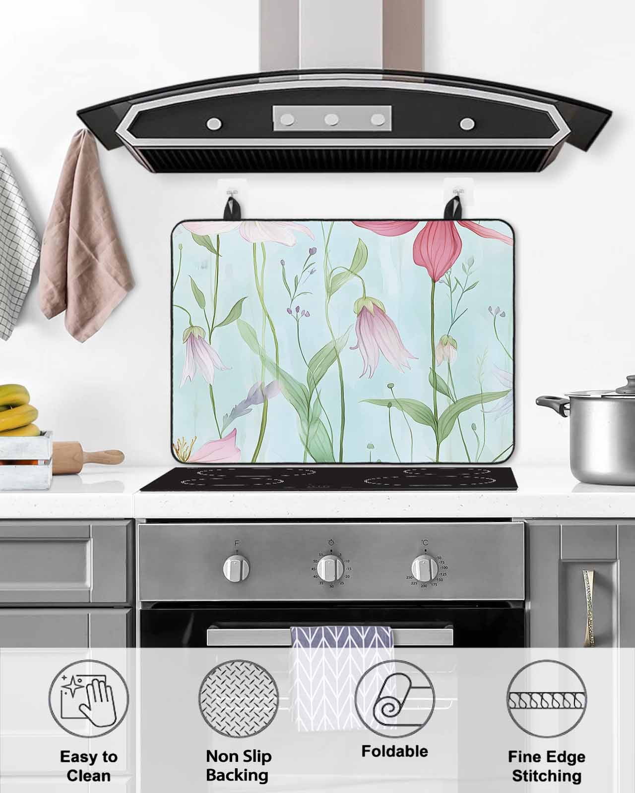 nqOlkjepod Large Induction Cooktop Protector Mat 24"x21", Blue Pink Green Floral Stove Top Covers for Electric Stove, Seasonal Botanical Blooms Stove Burner Cover Mats, Glass Top Stove Cover