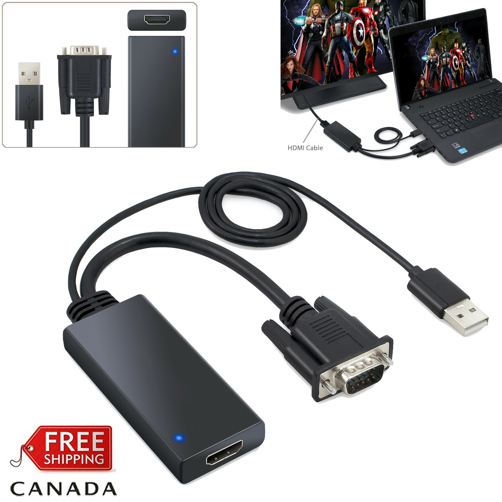 HD 1080P VGA to HDMI Converter w/USB Audio Video Cable Adapter For PC