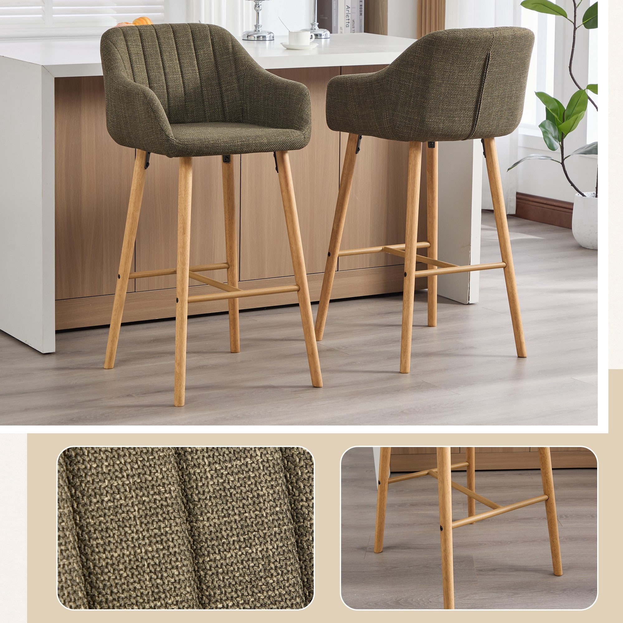 Sailvan Set of 2 Modern Bar Stools,Linen Upholstered Kitchen Island Chairs with Back & Arms,Solid Wood Legs Tall Counter Stools Green