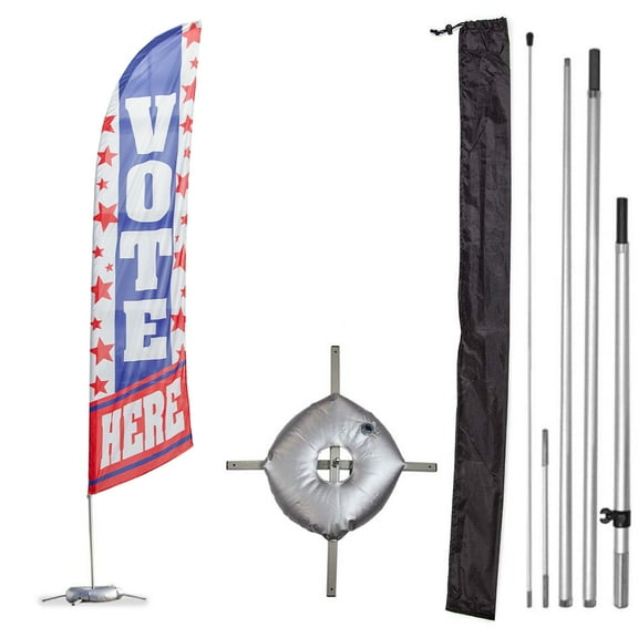 Vispronet Premium Vote Here Feather Flag Kit, 13ft Red White & Blue Vote Flag, Pole Set, Cross Base & Weight Bag