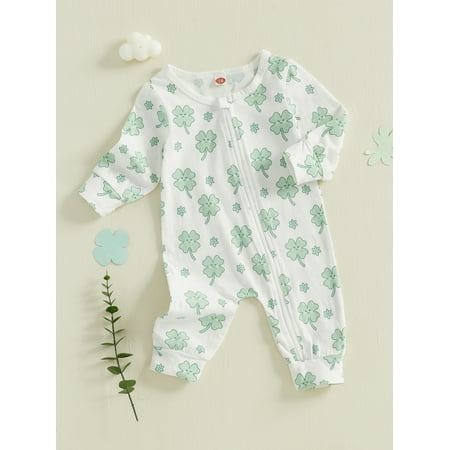 

Mama s sunshine Toddler Baby Irish Day Romper Casual Clover Print Zipper Long Sleeve Jumpsuit for Newborn Girl Boy Cute Clothes