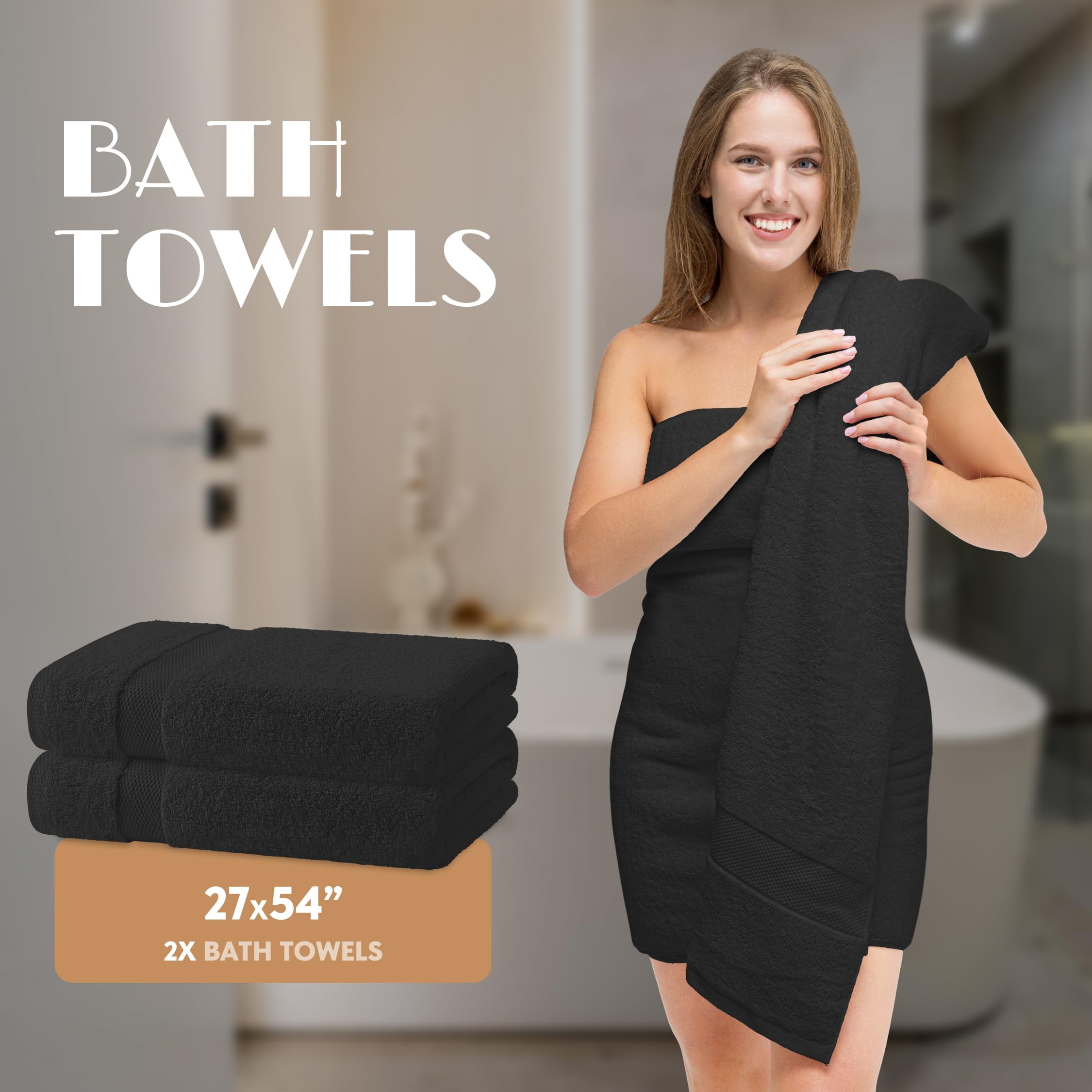 White Classic Black Bath Towel Set of 6 - 100% Cotton Highly Absorbent Towels for Bathroom, 2 Luxury Bath Towels 650GSM, 2 Hand Towels, 2 Washcloths