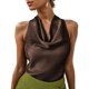 thumbnail image 1 of Blusas de Satén para las Mujeres Vestido Elegante sin Mangas Cuello de Vaca Blusa de Corbata Trasera, Color Sólido Cortado Top para Bodas Y Fiestas de Verano, 1 of 7