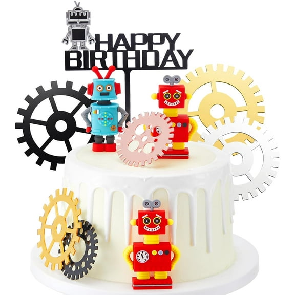 11 Pieces Robot Birthday Cake Toppers Gear Cake Cupcake Decorations Robot Themed Birthday Party Decorations Figurine for Party Favors Supplies