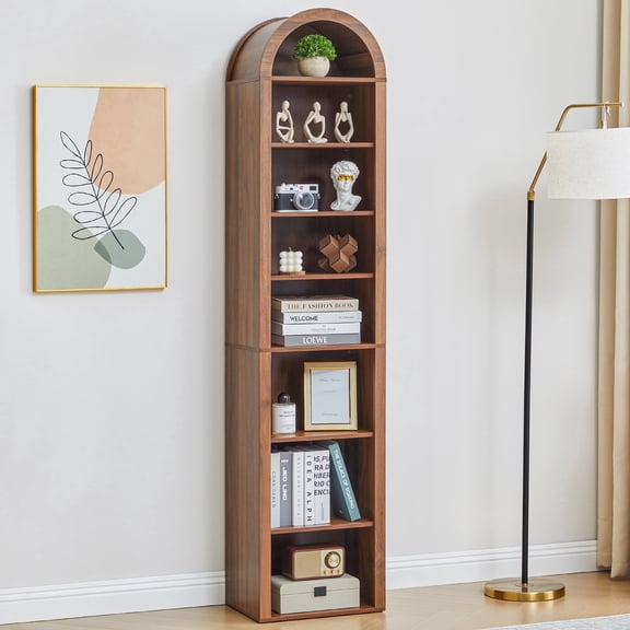 LEFHDA Narrow 8-Tier Arched Bookcase – Walnut, 15.7-Inch Wide Open Shelf for Books, Media Storage (CD/DVD), Bathroom, or Entryway
