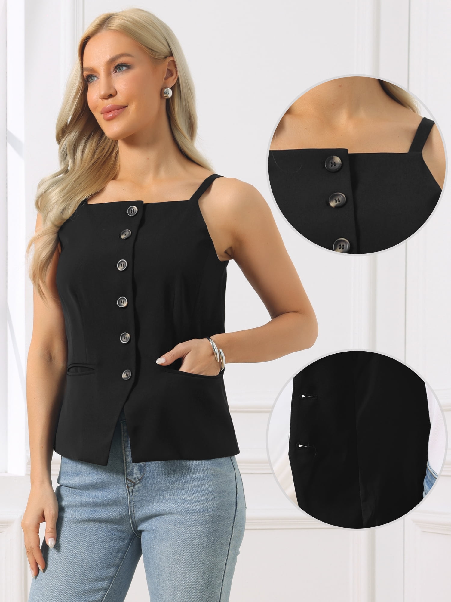 DARING DIVA Women's Sleeveless Suit Button Down Square Neck Vest L Black
