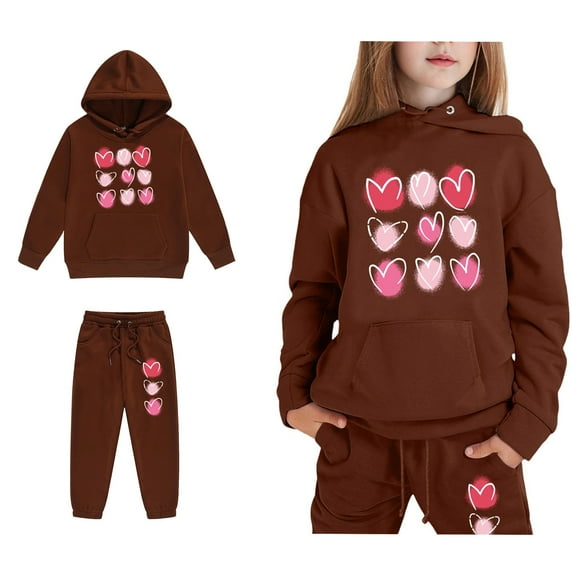 LIUYUNNN Kids Sweatsuit Set for Girls 2PC Long Sleeve Pullover Brown Heart Hooded Sweatshirt Sweatpants Fall Clothes Clothes for Teen Girls 12-13 Years Trendy Boys Girls Autumn and Winter Outfits