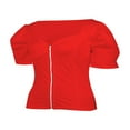thumbnail image 4 of Women Short Puff Sleeve T-Shirts Summer Zip V Neck Solid Color Slim Tops Lady Basic Tee Red S, 4 of 9