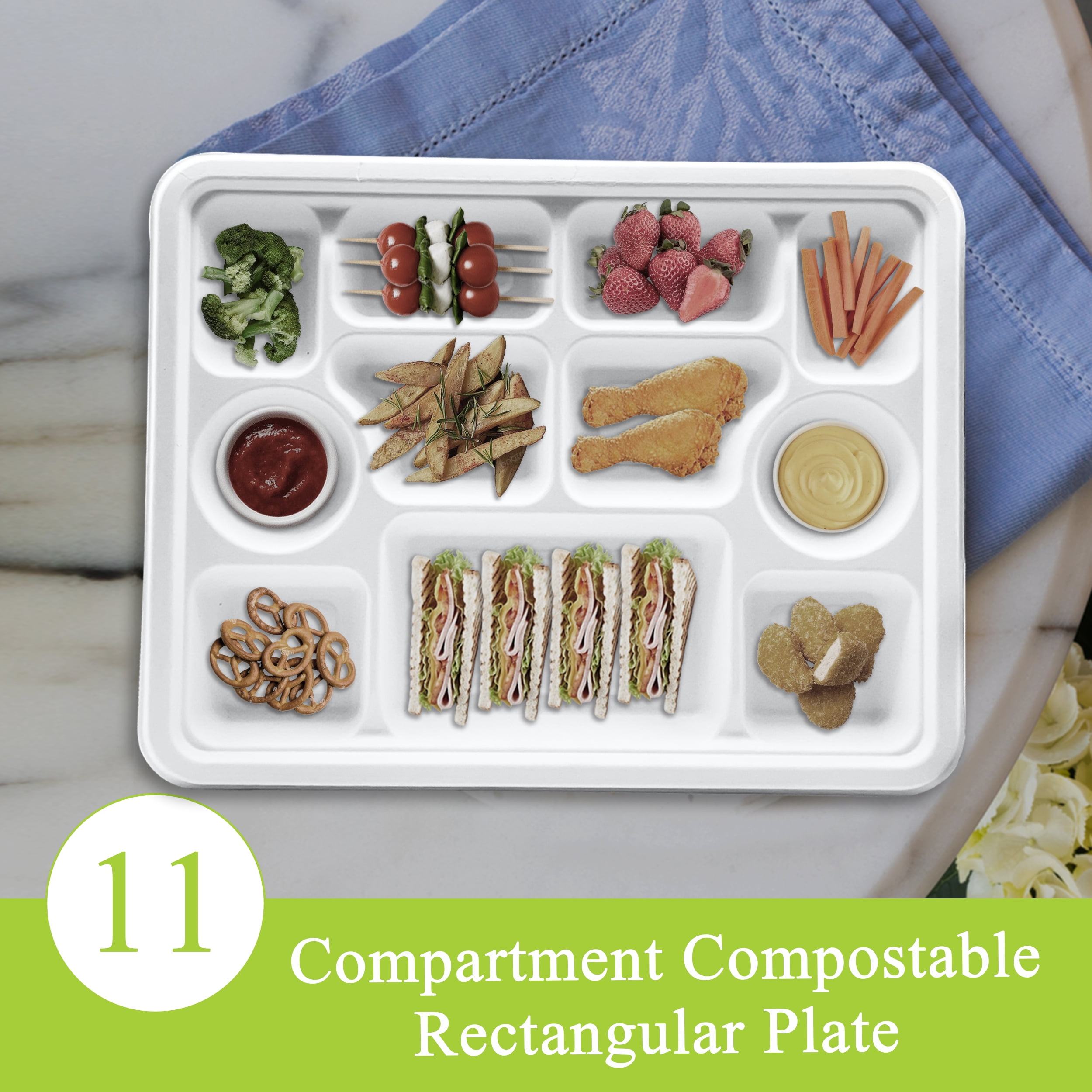 Three Leaf 11 Compartment Bagasse Rectangular Plate, 200 Ct. PFAS-Free, Heavy Duty, Sugarcane Fiber, Eco Friendly Disposable, 100% Biodegradable, Microwave and Freezer Safe, Ideal for Lunch, Buffet