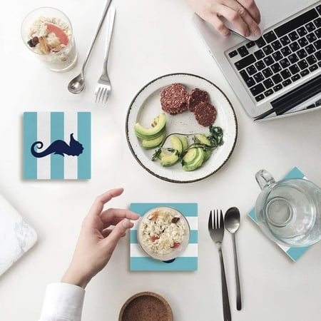 

KXMDXA Blue and White Stripes Seahorse Set of 8 Coaster for Drinks Absorbent Ceramic Stone Coasters Cup Mat with Cork Base for Home Kitchen Room Coffee Table Bar Decor