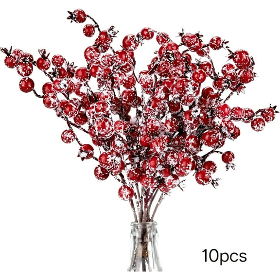 VANIDO 10 Pack Christmas Artificial Berry Picks Xmas Winter Frosted Red Berry Stems, 9.8inch Fake Snowy Red Berry Branches for Christmas Tree Wreath Garland DIY Crafts Home Wedding Party Decor
