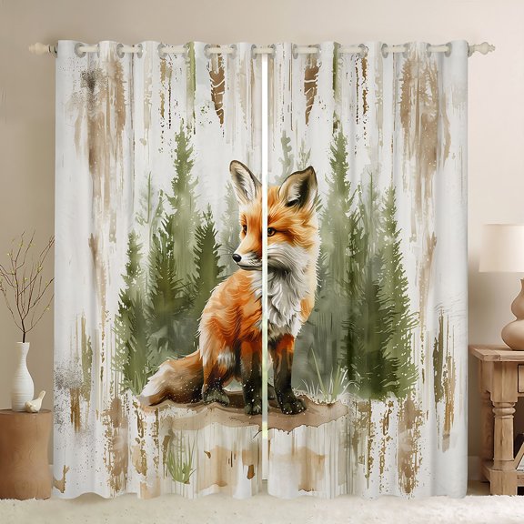 Manfei Cute Fox Black Out Curtains for Children, Cartoon Woodland Animal Curtains Pack of 2 (42x63 Each), Green Pine Tree Bedroom Curtains, Luxury Room Decor