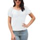 thumbnail image 1 of Top de manga abombada para mujer, cuello en V, manga corta, botón frontal plisado, corte entallado, patrón liso simple, camiseta de verano blanco M, 1 of 5