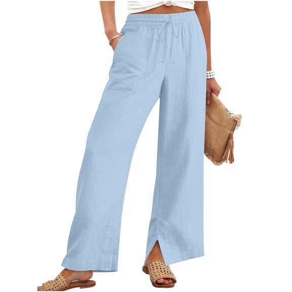 Womens Summer Loose Straight Leg Pants Linen Solid Color With Pockets Side Slit Buttons Breathable Lightweight Casual Daily Office Vacation Beach Wear Light Blue M