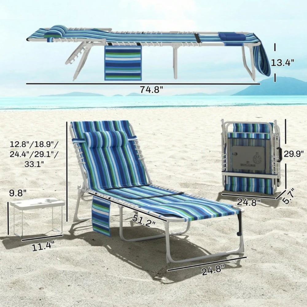 2-Piece Outdoor Lounge Chair with Side Table & Side Pocket 5-Position Adjustable Backrest Face & Arm Holes Folding Beach Pool Lounger 600D Oxford Fabric Carry Strap for Patio Beach Poolside