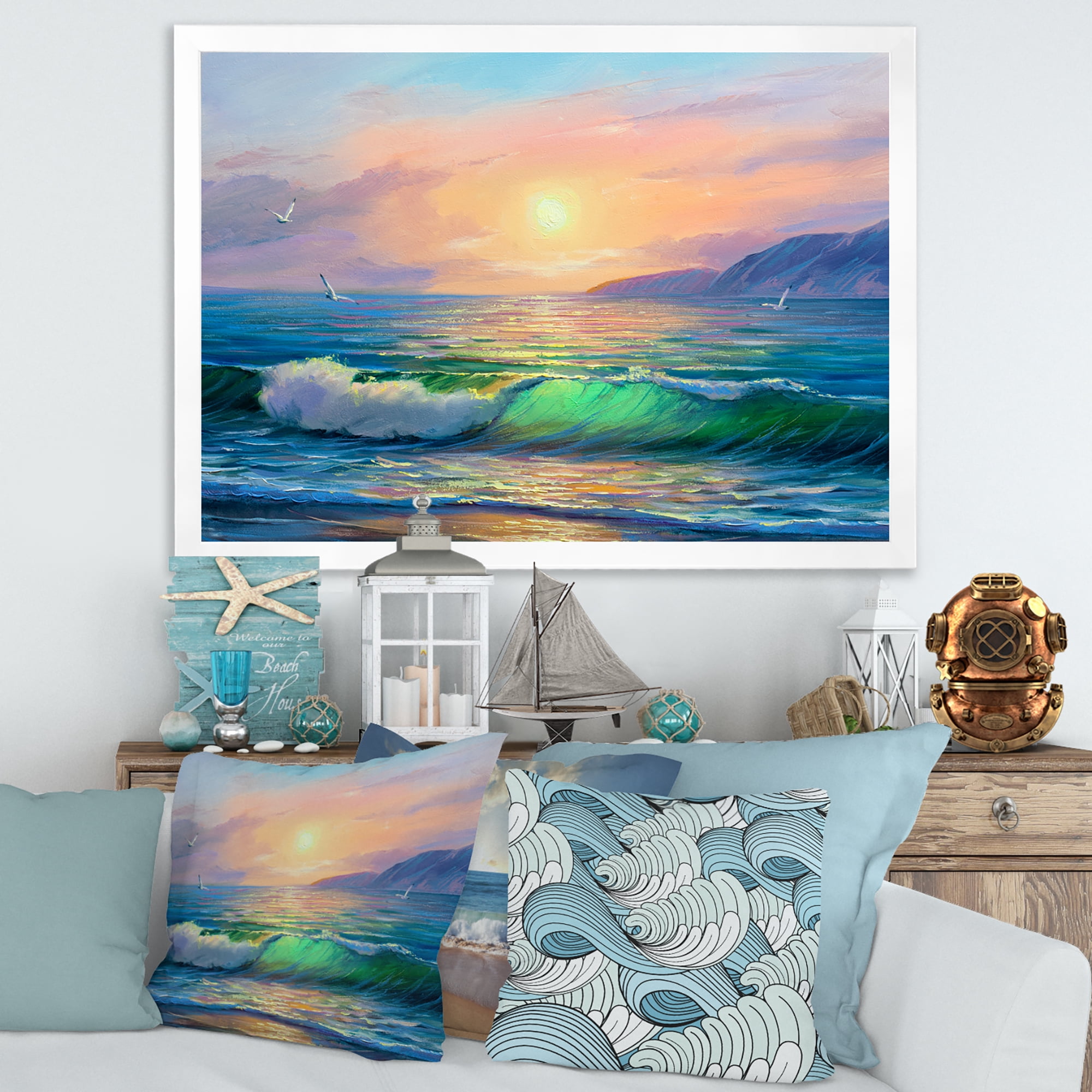Designart 'Blue Waves Breaking At The Beach Landscape V' Nautical & Coastal Framed Art Print
