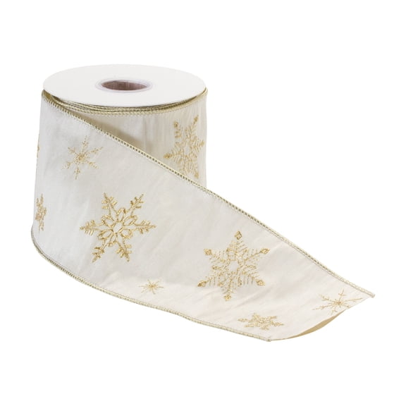 Melrose Snowflake Christmas Wired Craft Ribbons - 4" x 5 Yards - White and Gold - Set of 2
