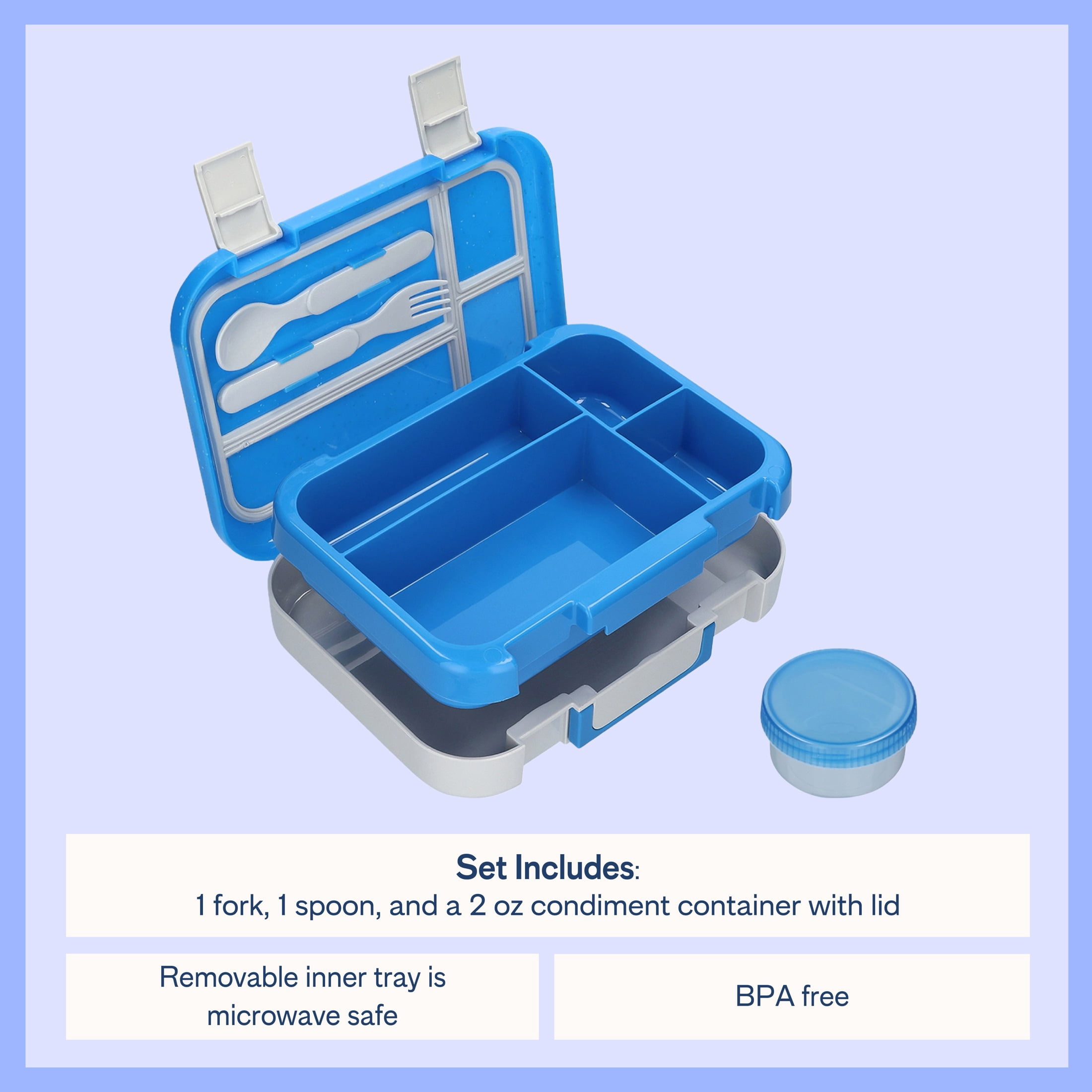 Mainstays Kids 4-Compartment Plastic Bento Box with Removable Tray, Fork, Spoon, and Dressing Container, Blue Splash and Gray