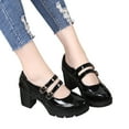 thumbnail image 2 of Lovskoo 2024 Women's Oversized Classic Leather Shoes Strappy Platform Chunky Block Mid-Heel Closed Toe Pumps Mary Dress Wedding Shoes Black, 2 of 6