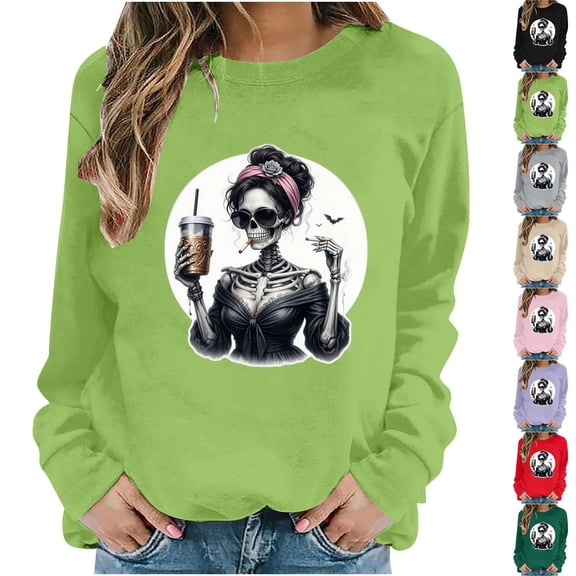 VKOYWKM Sweatshirts for Women Trendy Halloween Funny Print Pullover Long Sleeve Crew Neck Oversized Sweatshirts Fall Sweatshirt
