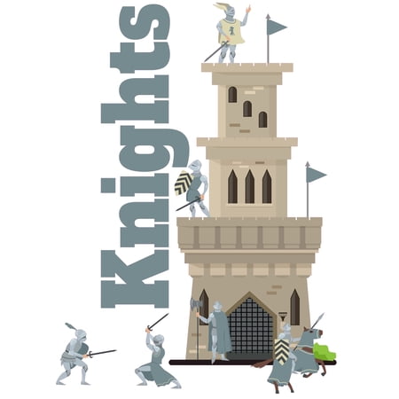 Home Living Room Art 20" x 27" Medieval Warfare Scene Vinyl DÃ©cor Multicolored Art Knights Castle Tower Design Easy To Apply Wall Decal Sticker - Kids Bedroom Knights Lettering Art Wall Decoration