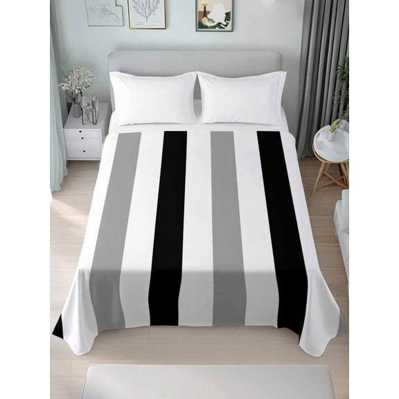 Black Gray Striped Twim XL Size Flat Sheet, Wrinkleproof & Fadeproof Cooling Flat Bed Sheet Only, Farmhouse Stripe Art Breathable Soft Bedding Top Sheets 66 x 102 Inches