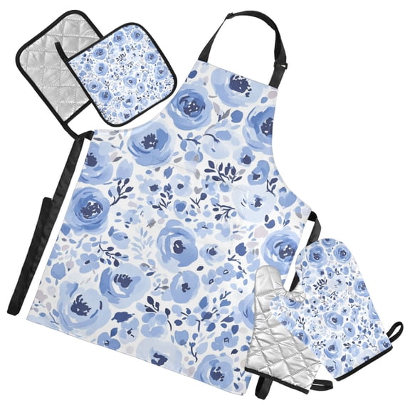 Watercolor Blue Floral Oven Mitts and Pot Holders with Chef Apron Set 5 Pcs Kitchen Cooking Set