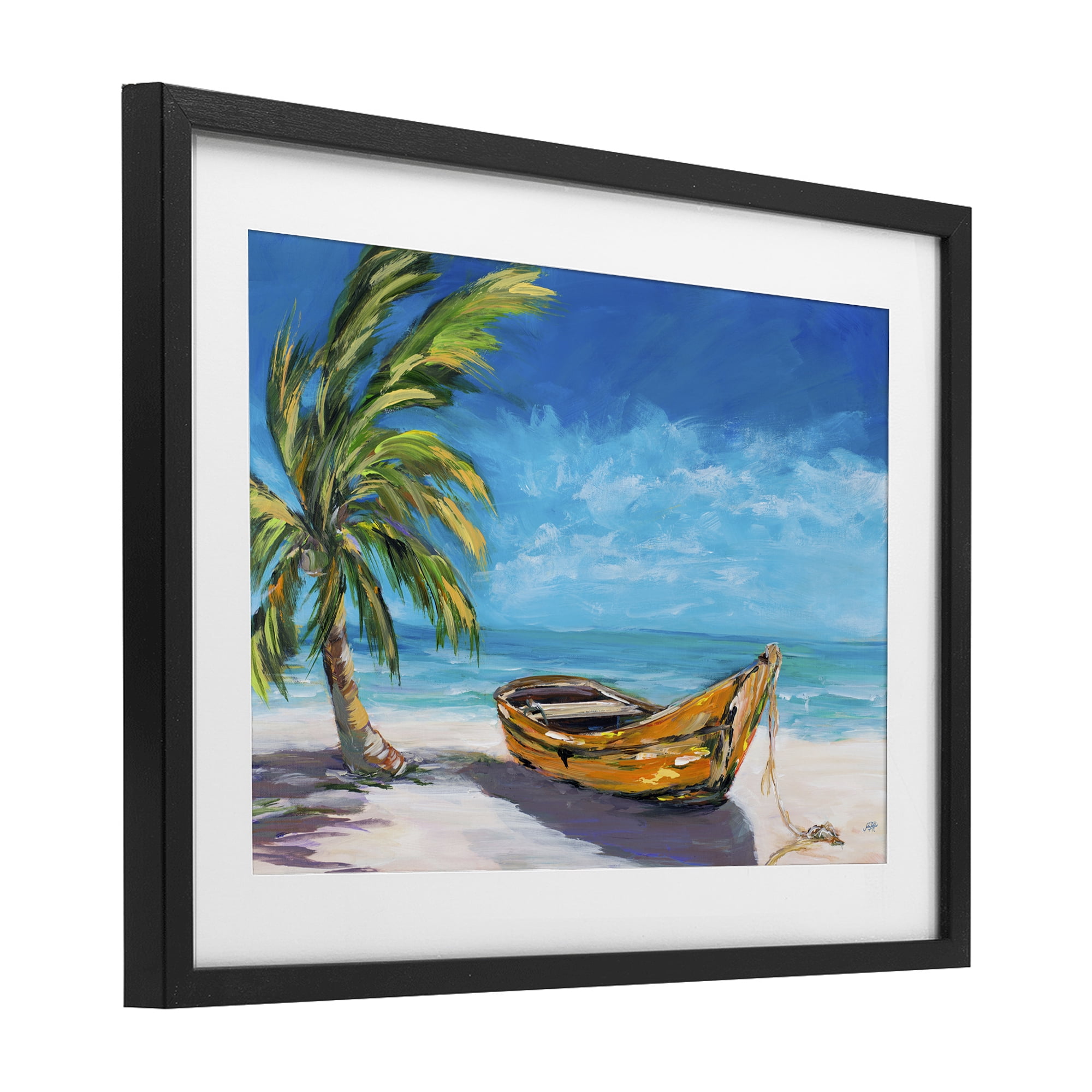Stupell Industries Lost Island Palm & Boat Black Framed Print Under Glass, design by Julie DeRice