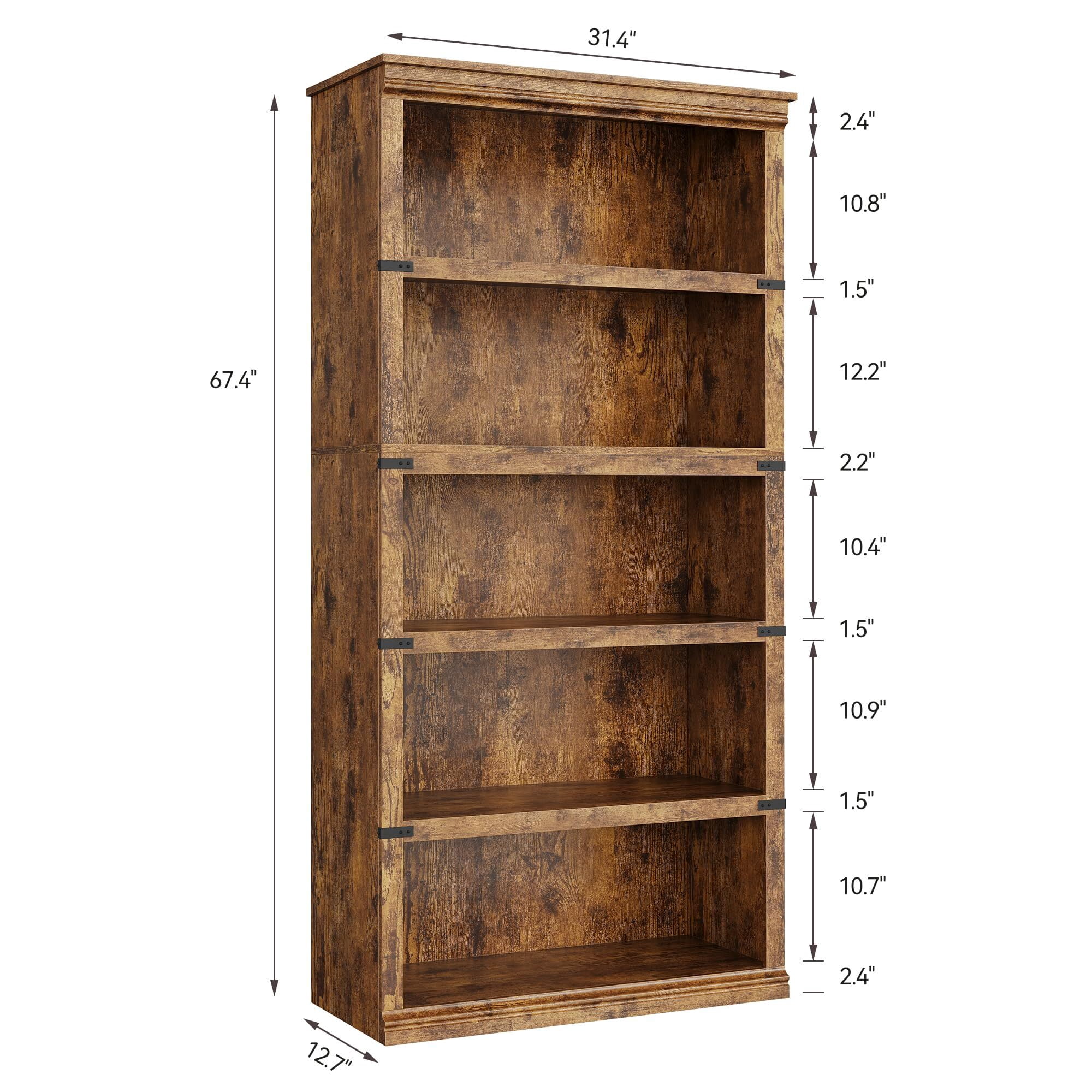 5 Tier Bookcase, Farmhouse Book Shelf with Storage, 71" Tall Book Case Wooden 5 Shelf Bookcase for Home Office, Living Room, Bed Room (Vintage, 67.4" H x 31.5" W x 12.8" D)