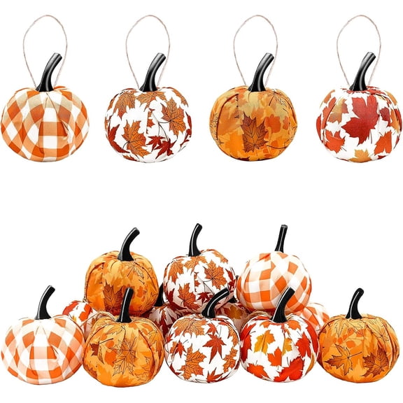 12 Pcs Fall Thanksgiving Day Hanging Pumpkin- Maple Leaf Gingham Fabric Wrapped Hanging Ball Ornament for Farmhouse Fall Autumn Thanksgiving Party Home Décor