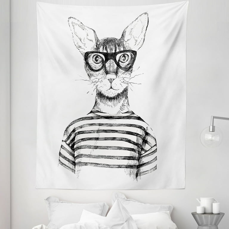 Black White Tapestry Hand Drawn Dressed up Hipster New Age Cat Fashion Urban Free Art Print Fabric Wall Hanging Decor for Bedroom Living Room Dorm 5 Sizes Black White by Ambesonne