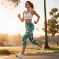 thumbnail image 3 of SCRAWLGOD Butterfly Floral Cyan Capri Leggings with Pockets for Women High Waist Stretch Tummy Control Workout Yoga Capris Active Yoga Leggings for Running Cycling, XS, 3 of 7