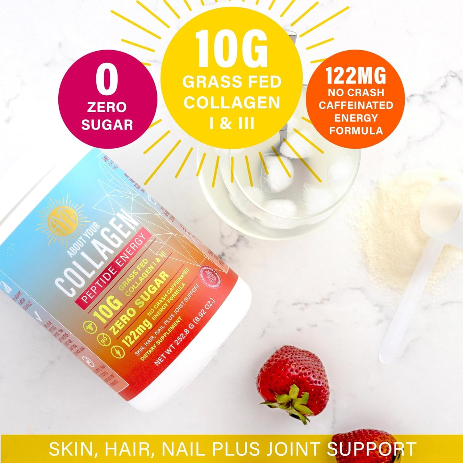 ABOUT YOUR COLLAGEN Peptide Energy Collagen Powder Hair, Nail, Skin, Type I & III,Caffeine for Energy, Vitamin C, Biotin, Hyaluronic Acid, Zero Sugar – 8.92 oz (Blue Raspberry)