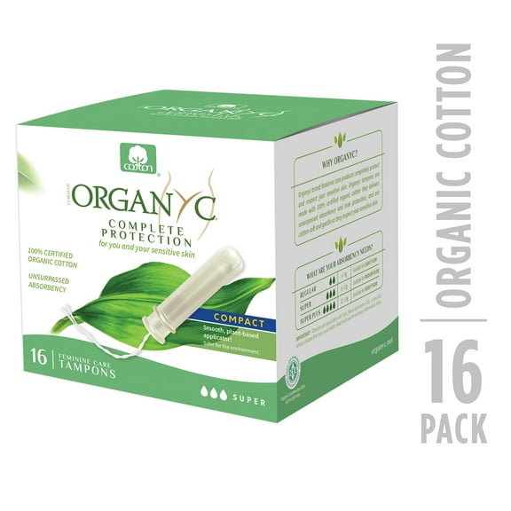 Organyc 100% Certified Organic Cotton Tampons, Plant-Based Eco-Applicator, Super Flow, 16 Count