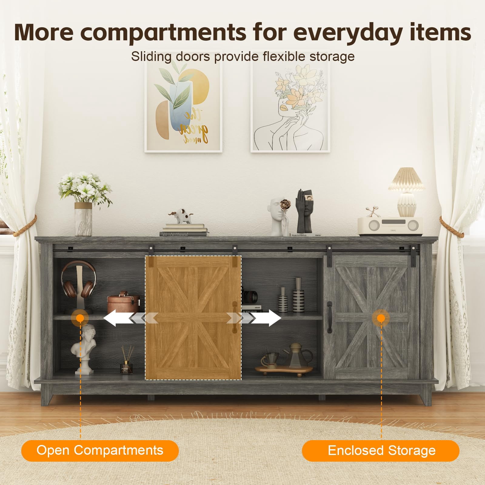 Accreate 66" Large Farmhouse TV Stand for TVs up to 75 Inches, Rustic Wood Entertainment Center with Barn Doors, Storage Cabinet, Adjustable Shelf, Charging Ports, Cable Management for Living Room