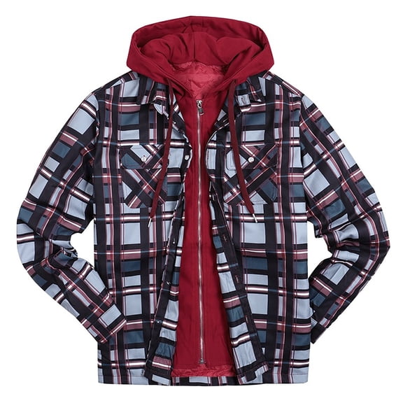Suokom Thickened Cotton Plaid Long Sleeve Loose Hooded Jacket Men Coat