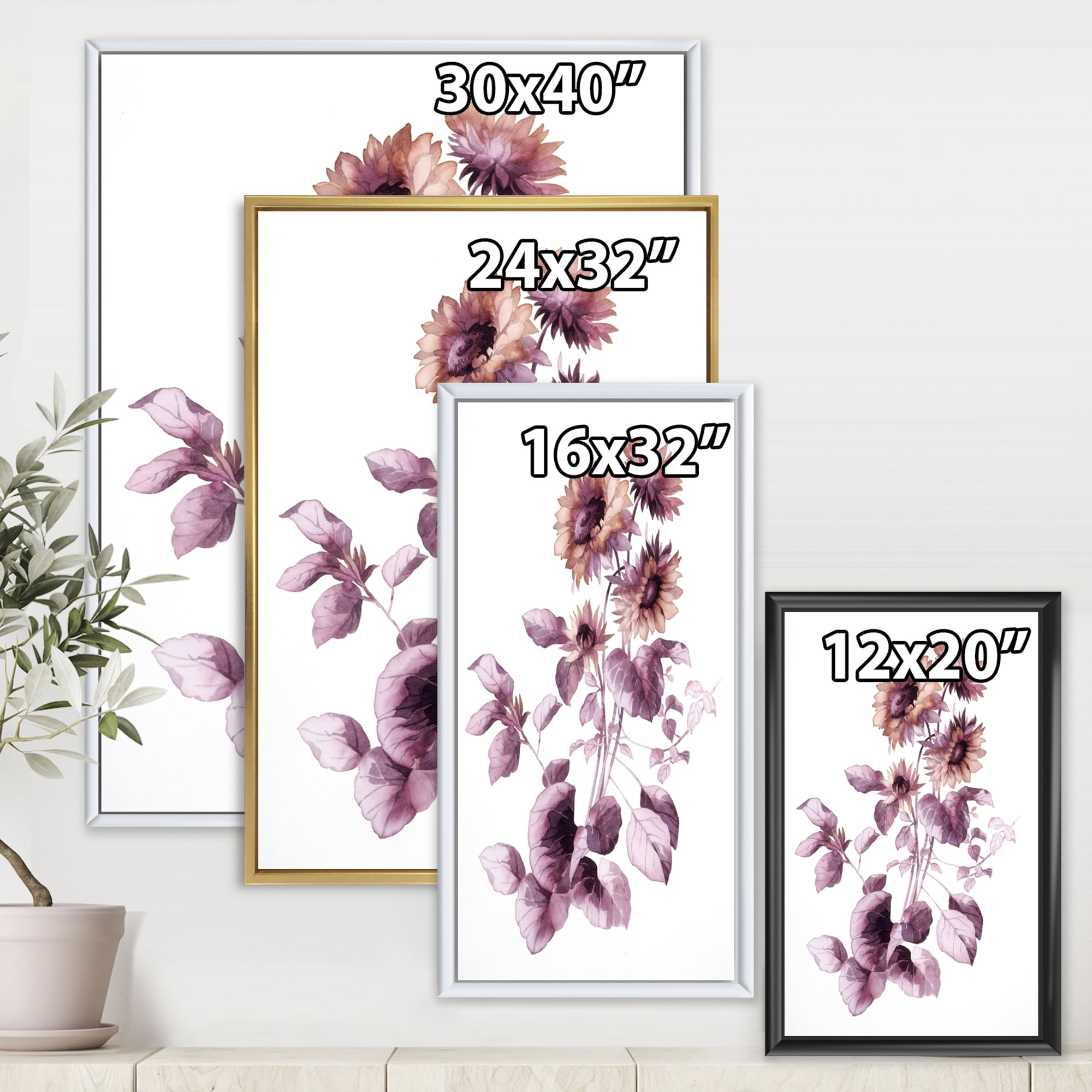 Designart 'Purple Wildflowers On White III' Traditional Framed Canvas Wall Art Print