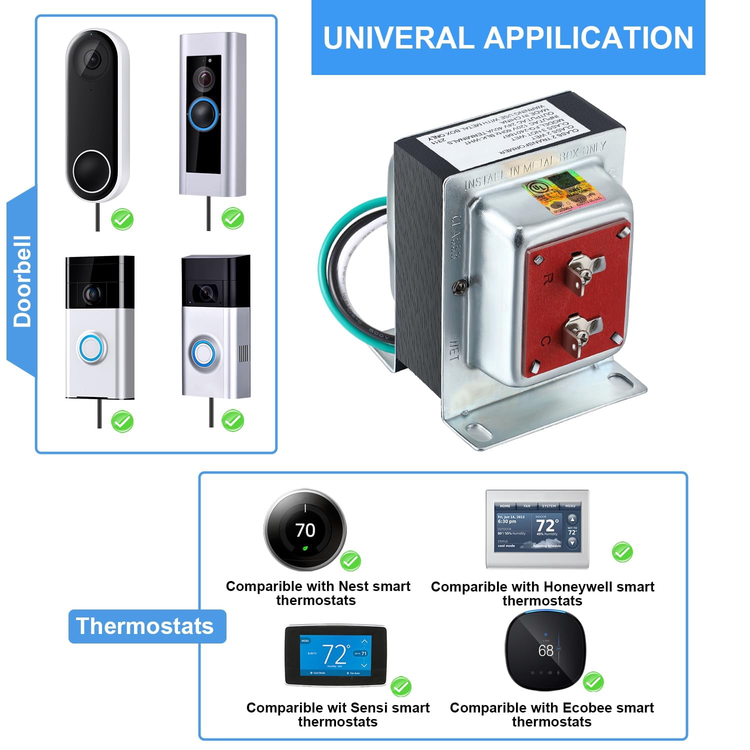 Doorbell Transformer 24V 40VA Compatible with Ring Wired Video Doorbell, Safe Wired 24 Volt Doorbell Kit, Easy to Install Door Bell Transformer, The Product Has Passed the UL TEST(1 Pcs)