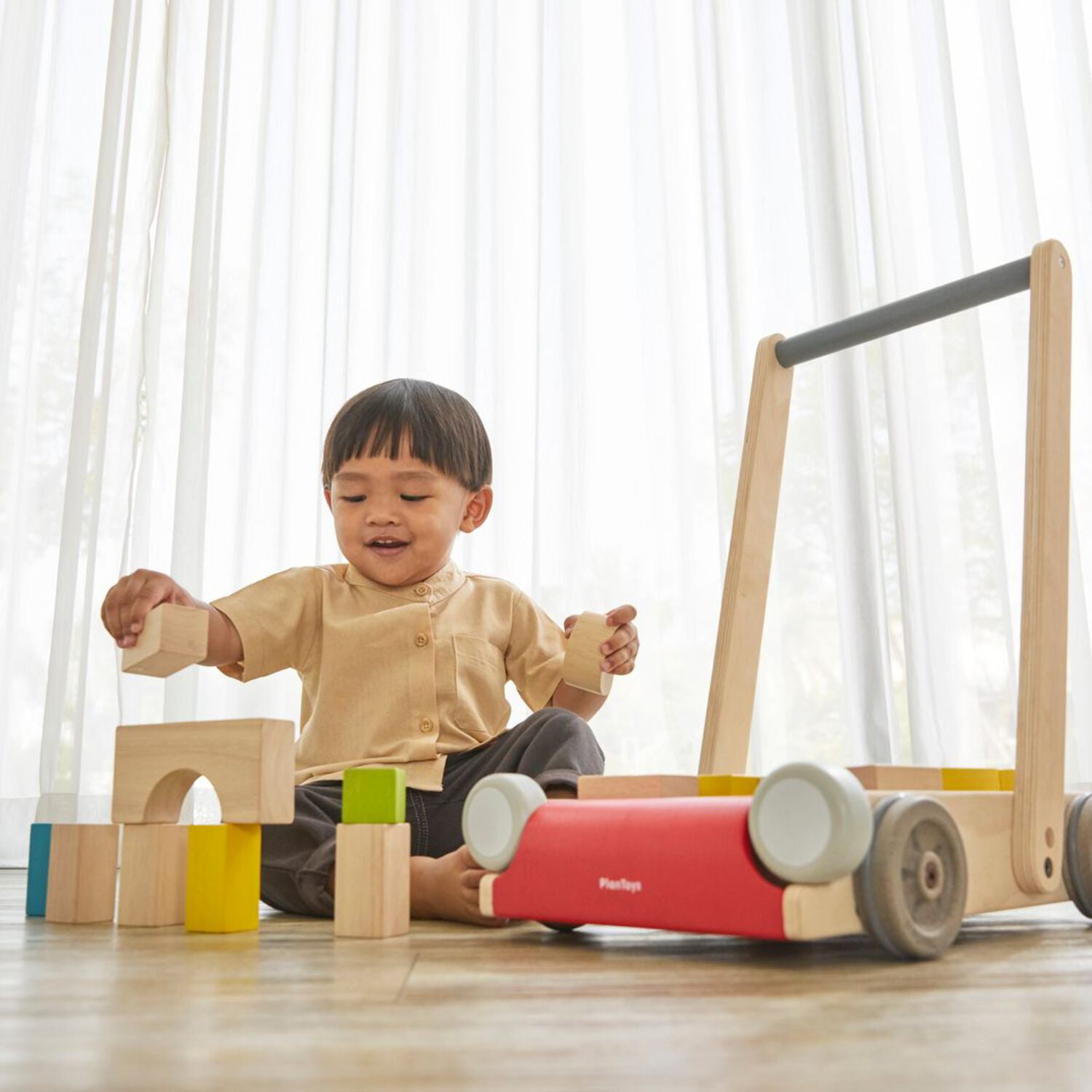 PlanToys® Baby Walker Wooden Push Toy for First Steps & Balance | Montessori Developmental Toy for Coordination & Confidence | Eco-Friendly Learning Toy