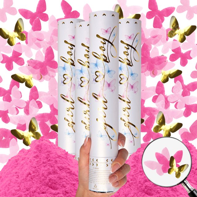 Gender Reveal Confetti Cannon - 4 Pack - Pink Biodegradable Gender Reveal Smoke Bombs and Butterfly Shape Confetti Poppers | Baby Gender Reveal Powder Cannons | Powder Blaster Gender Reveal Machine