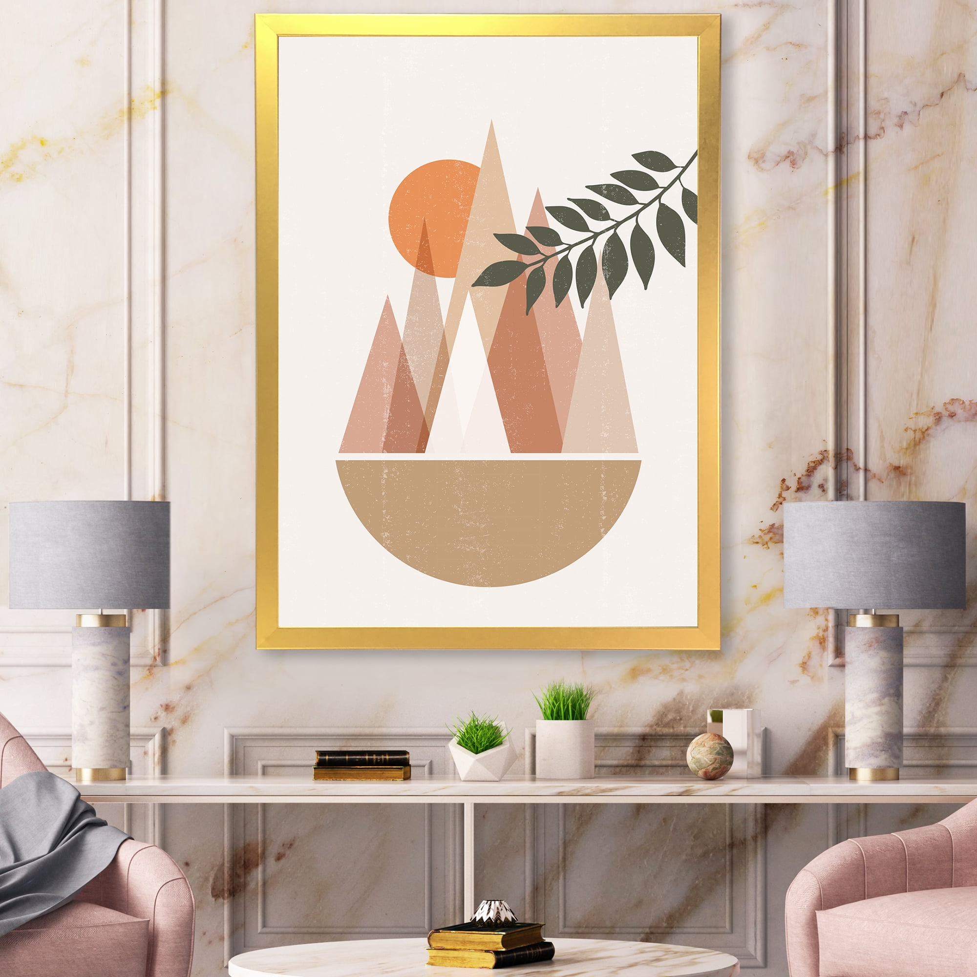 Designart 'Abstract Moon and Sun In Mountains II' Modern Framed Art Print